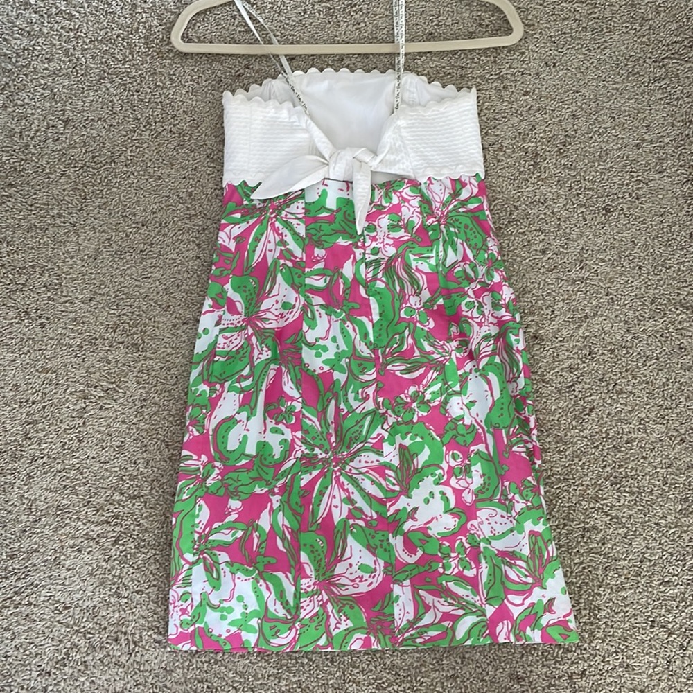 Lilly Pulitzer White Strapless Dress with Pink & Green Floral Print - Picture 2 of 2